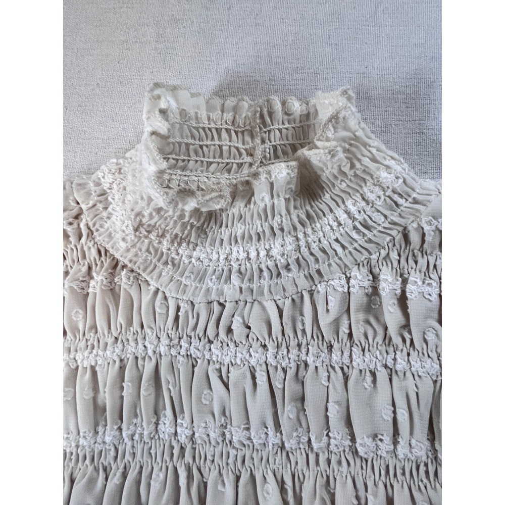 Cider Cream Smocked Peplum Blouse sz M Mock Neck Swiss Dot Embroidered Romantic - Picture 13 of 16